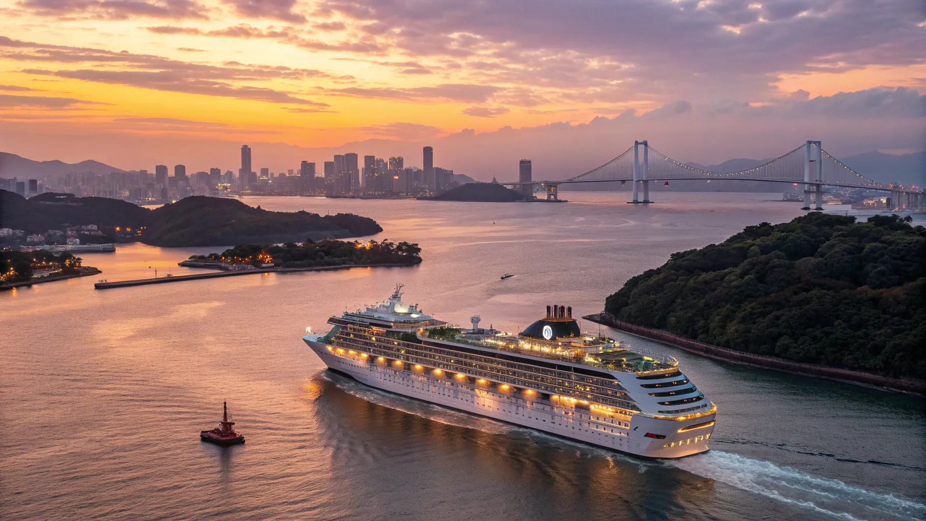東京から福岡へのクルーズの船が夕日を背景に進む美しい風景
