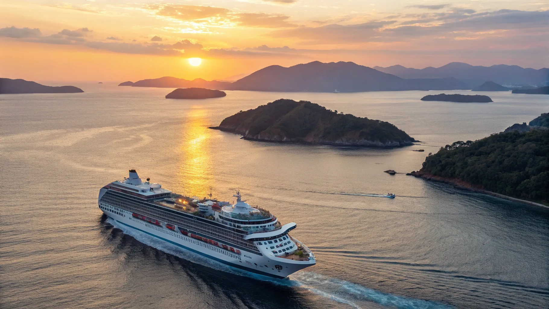 Cruises from Tokyo or Oarai to Aomori with a sunset over tranquil ocean waters.