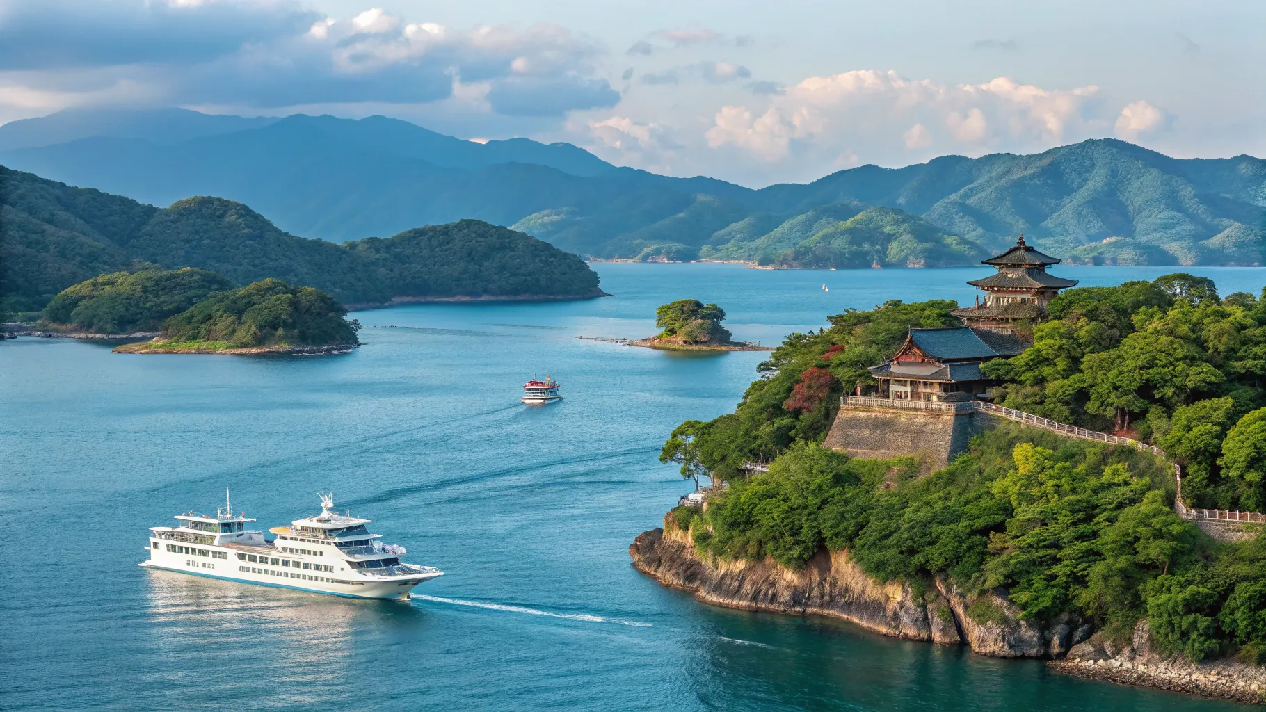 東京から広島へのクルーズについてもっと読む 2026 A tranquil cruise scene in Japan's Seto Inland Sea.