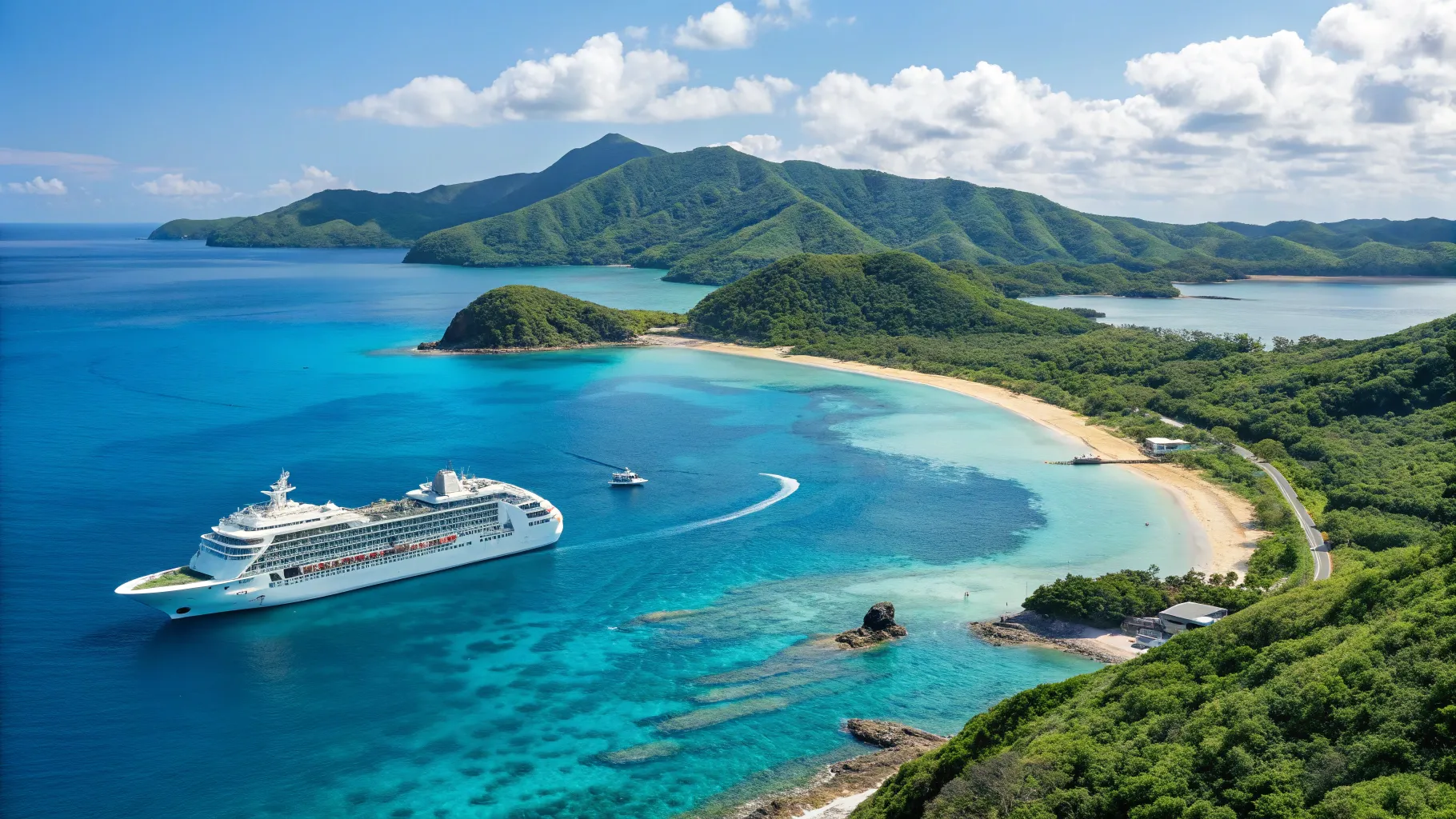 東京から沖縄へのクルーズについてもっと読む 2026 A serene tropical landscape with a cruise ship.