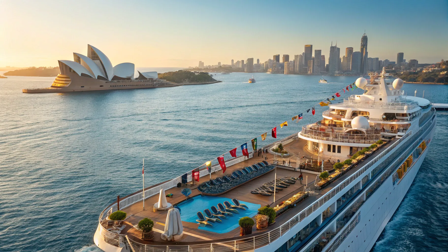 東京発シドニー着クルーズ, a luxury ship sailing toward Sydney with stunning ocean views.