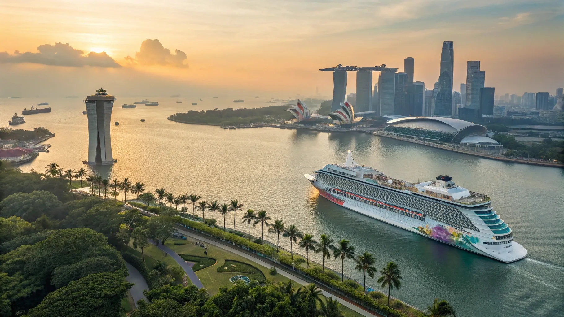 東京発シンガポール着クルーズ on a beautiful tropical sea at sunset.