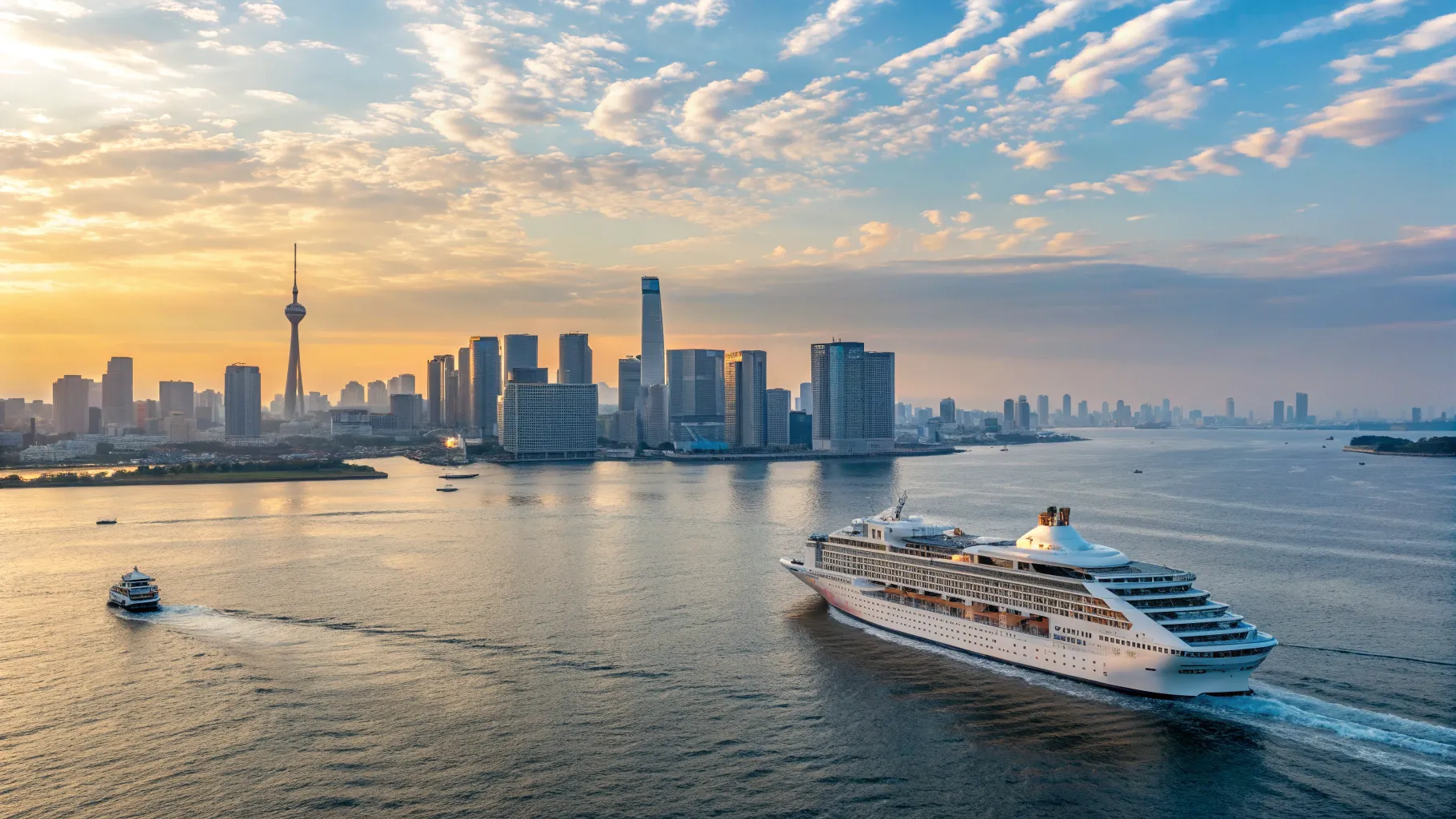 東京発ソウル着クルーズ offers a scenic view of a luxury cruise on tranquil waters.
