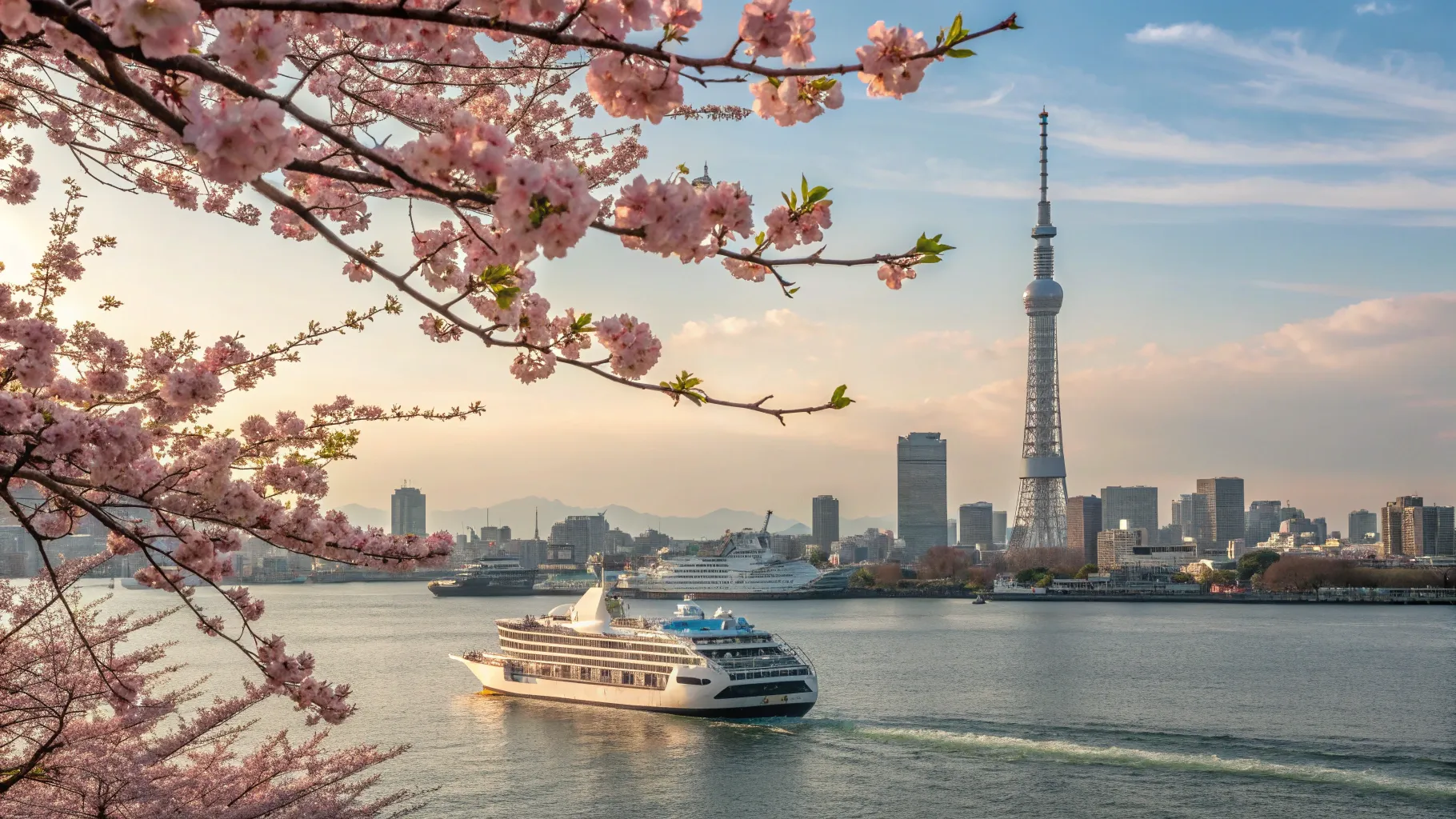 東京発日本一周クルーズ, a tranquil cruise ship scene with cherry blossoms and skyline.