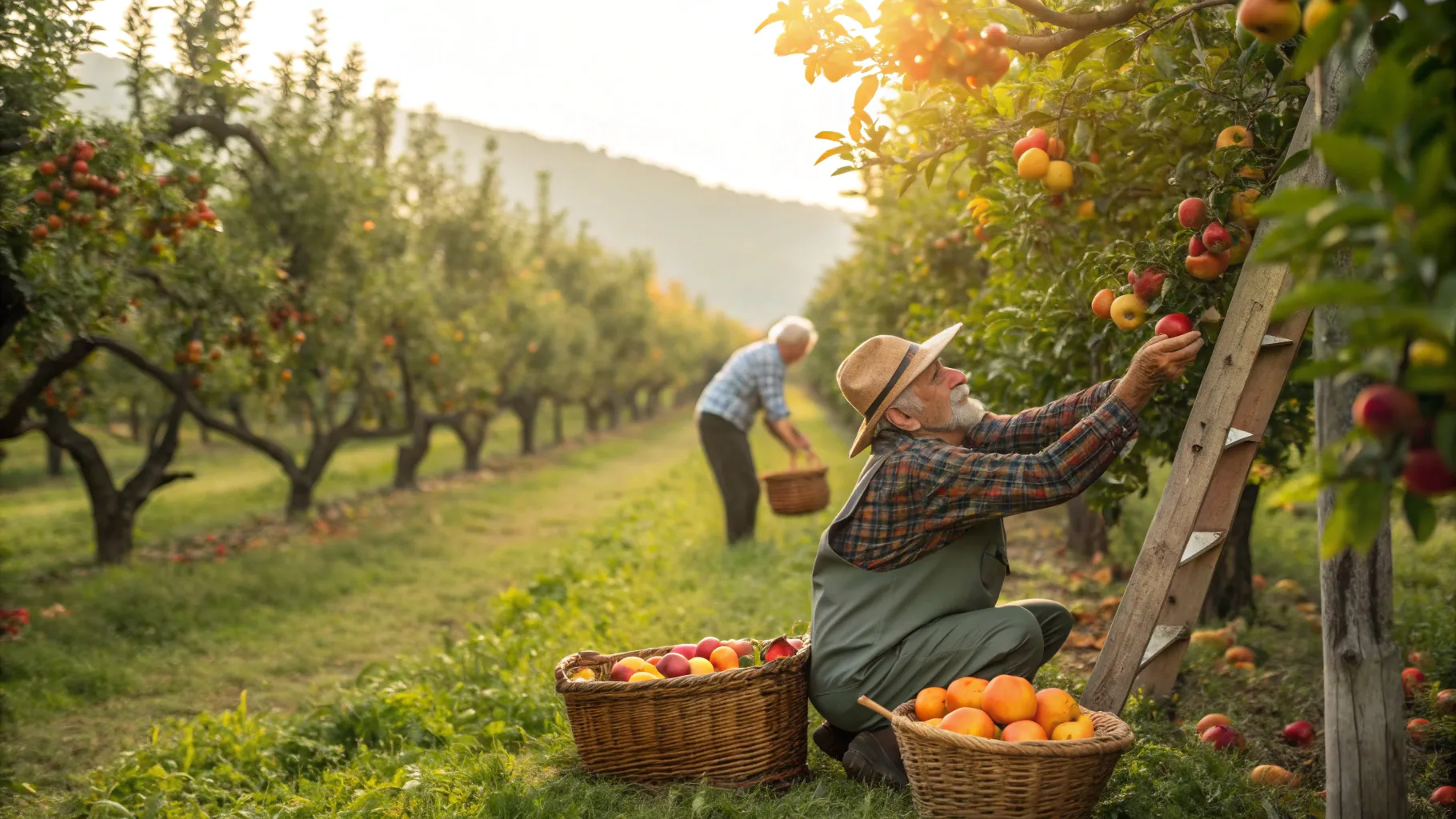 Fruit Picking Jobs for Seniors in an orchard with ripe fruits and sunny weather.