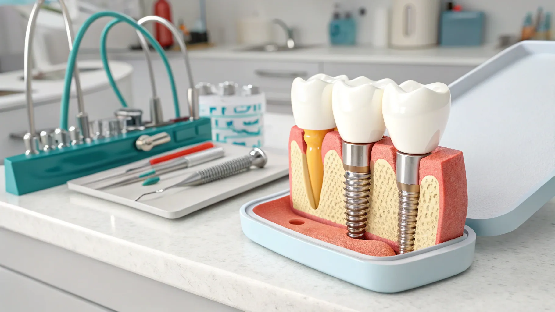 最新の歯科インプラントで笑顔と噛み合わせを取り戻す﻿。Dental tools and implants showcased.