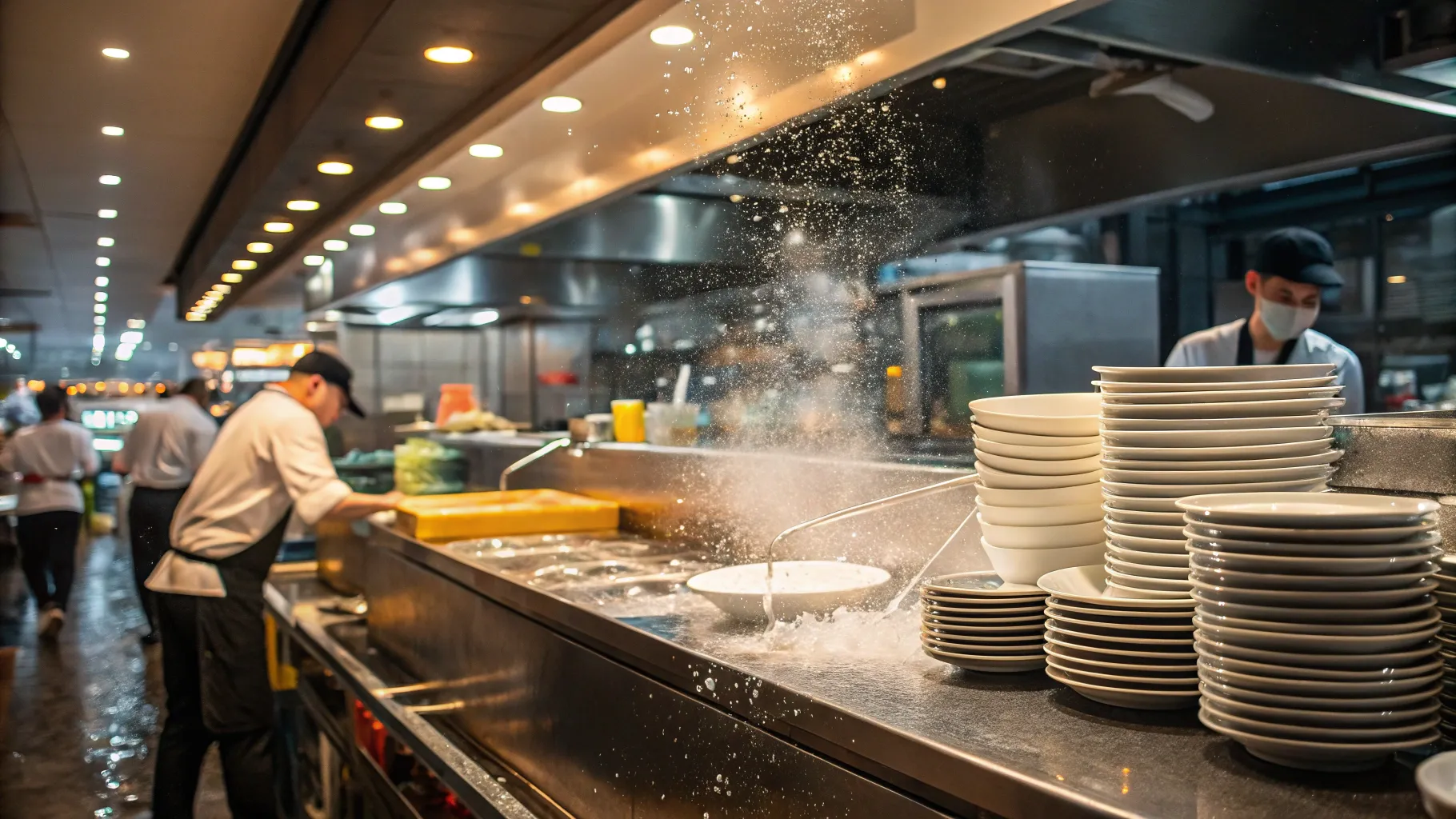 食器洗いの仕事 is depicted in a vibrant restaurant kitchen filled with clean dishes.