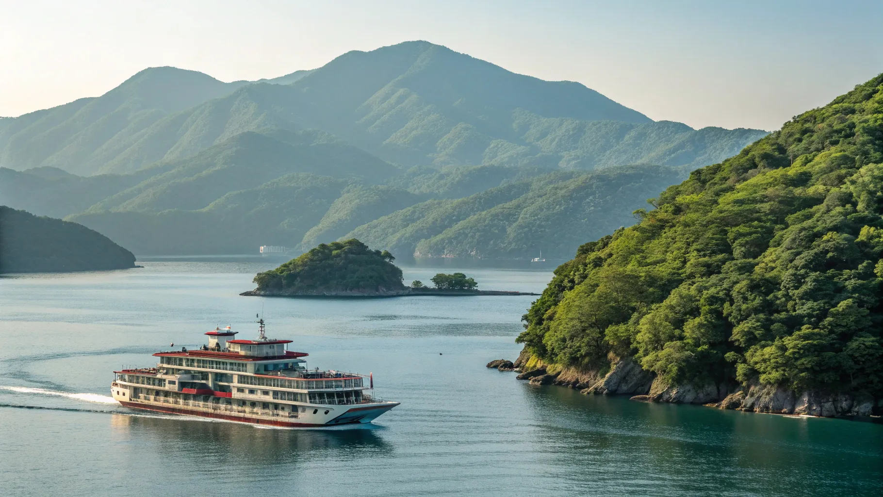 神戸から対馬へのクルーズについてもっと読む 2026 A cruise ship gliding past green hills.
