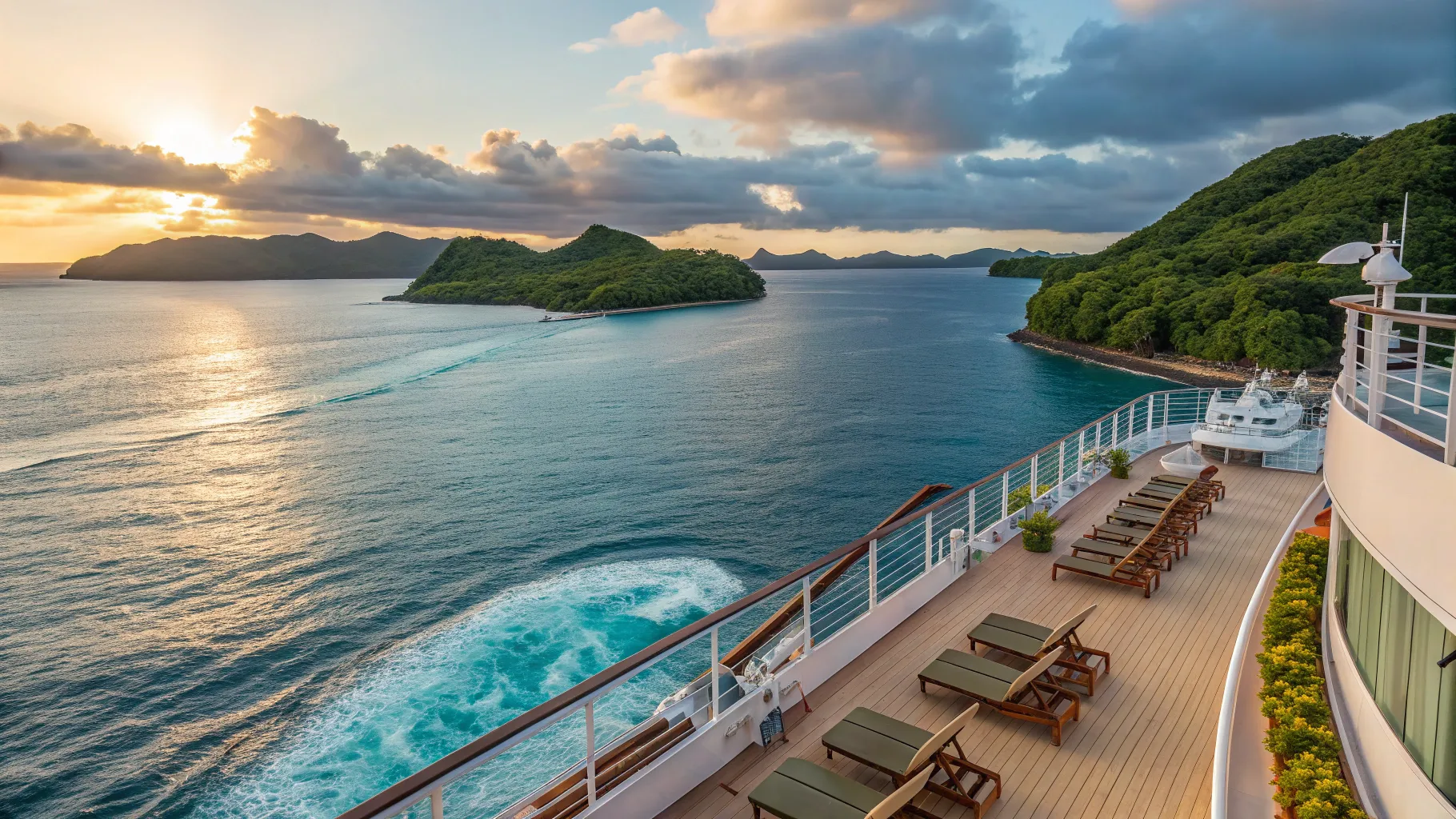 福岡から沖縄へのクルーズについてもっと読む 2026 A serene sunset view over a luxury cruise ship.