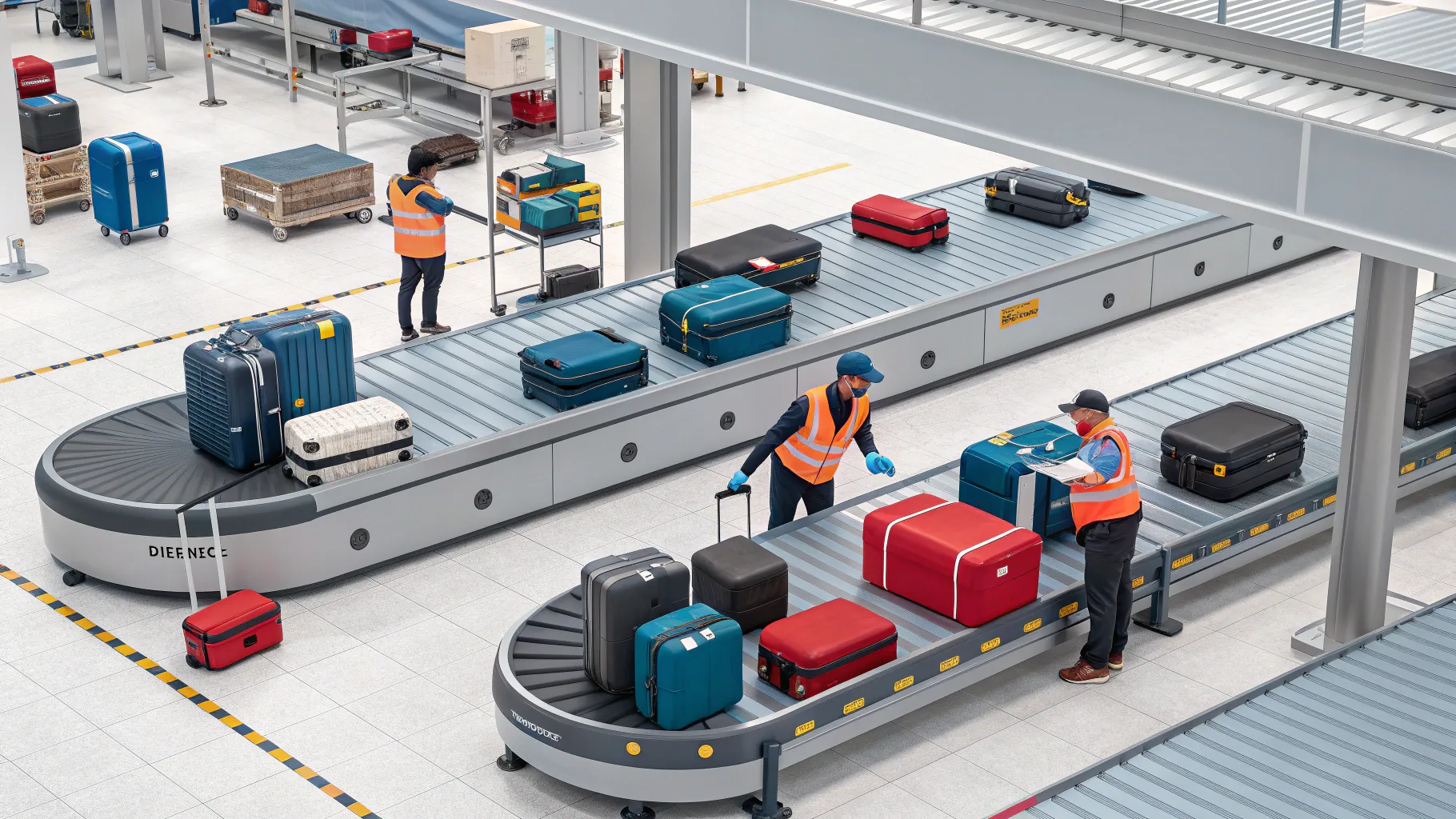 空港の手荷物スタッフの仕事 Baggage handlers sorting luggage in a bustling airport.
