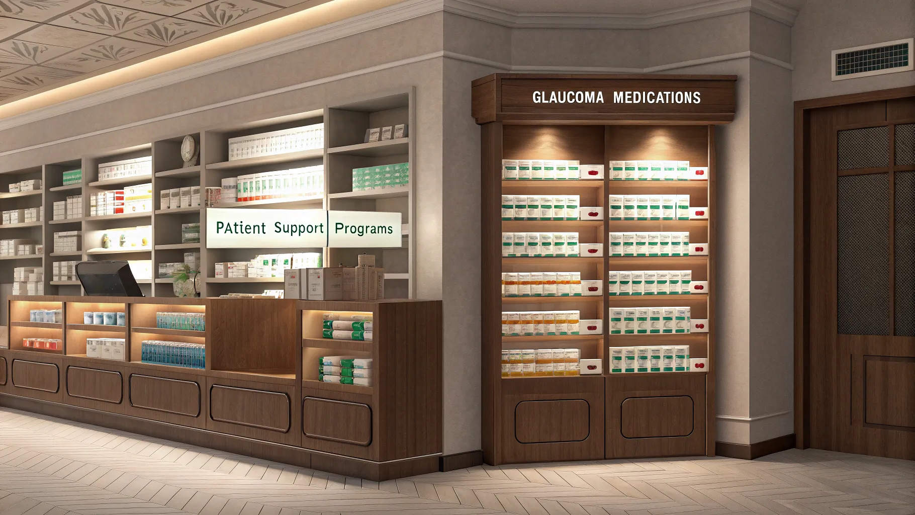 高齢者向け緑内障治療薬 displayed in a warm, inviting pharmacy environment.