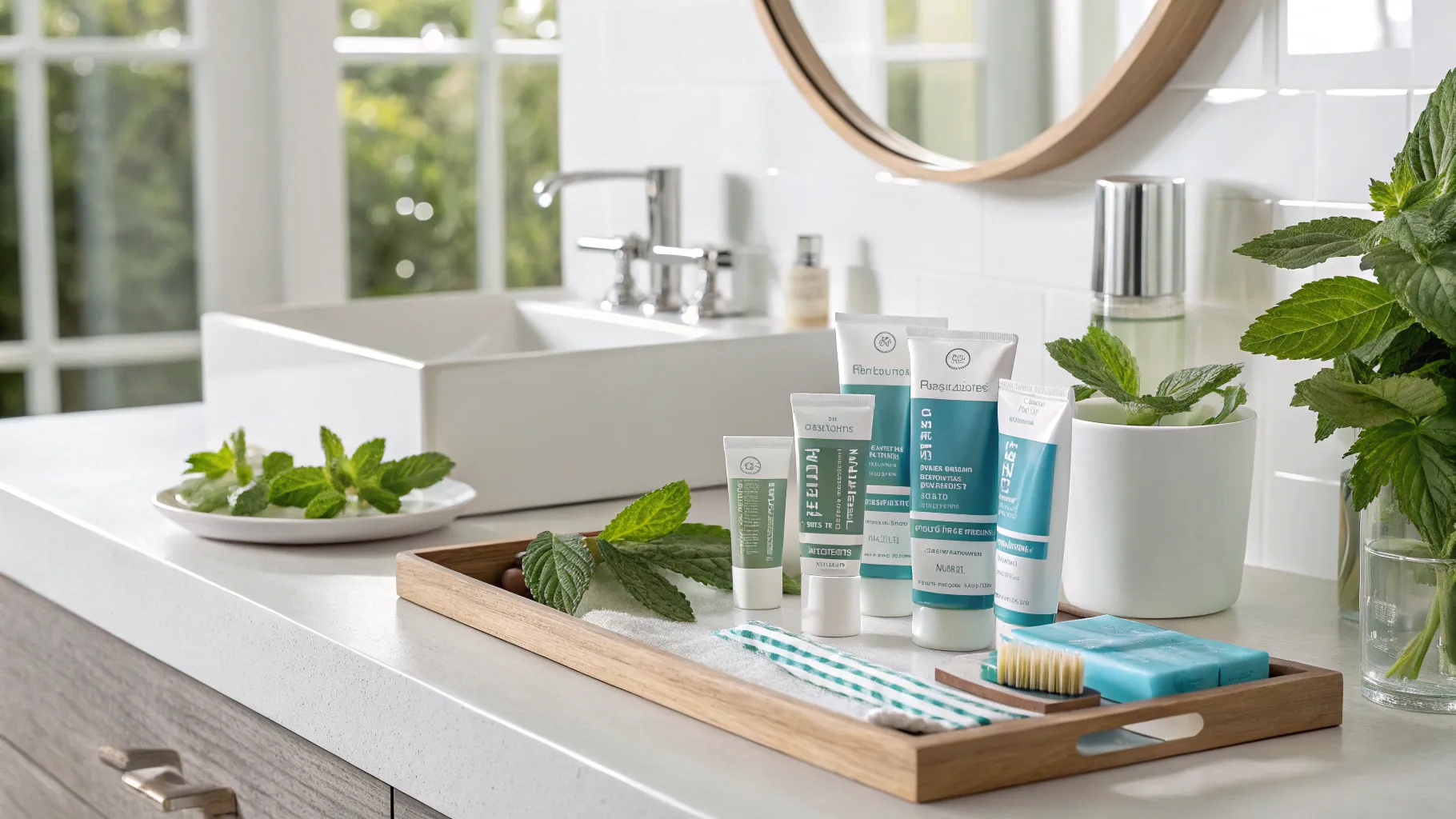 自宅での歯のホワイトニング product display in an elegant bathroom setting.