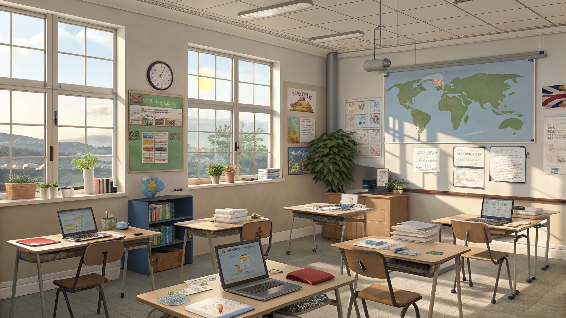英語教師の仕事、本当に稼げる？ A vibrant classroom full of educational tools and resources.