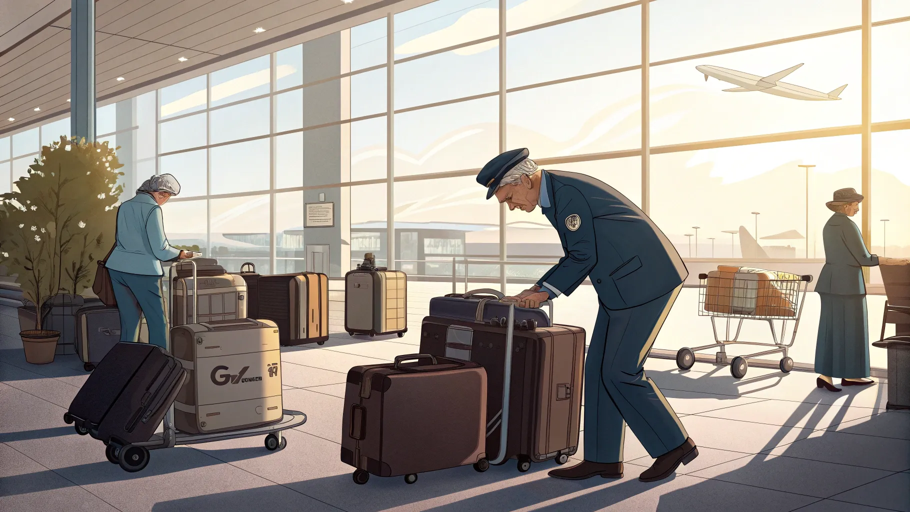 Luggage Staff Jobs for Seniors showcasing dedicated seniors handling baggage in an airport.