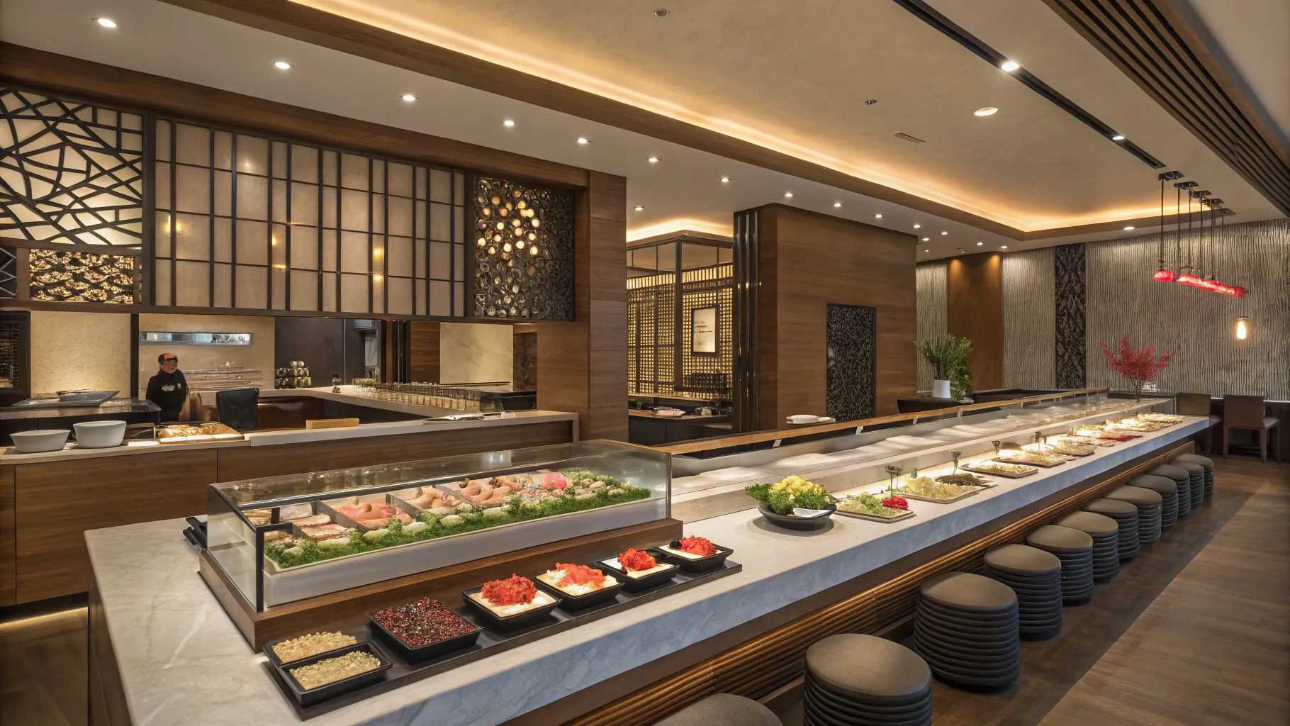 寿司職人のキャリアと収入は? A vibrant sushi restaurant scene with detailed sushi art.