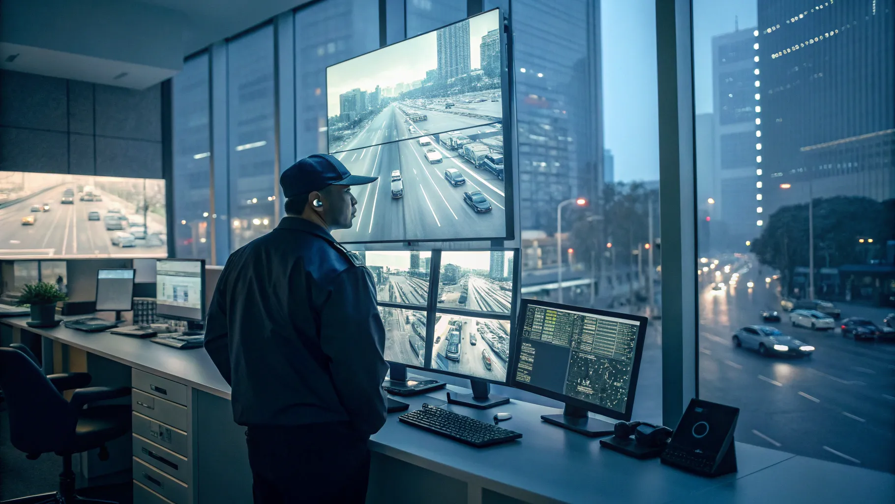警備員の仕事 overseeing security operations in a modern commercial facility.