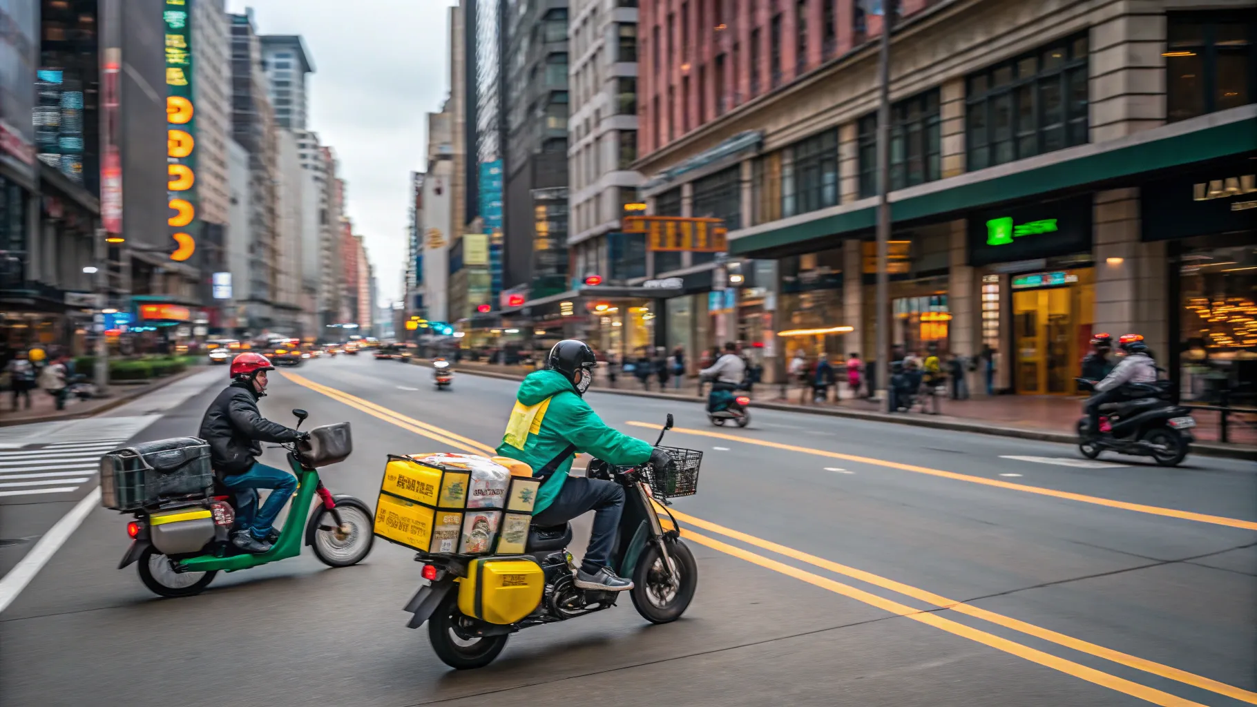 配達ドライバーの人気と収入は？気になりますか？ Delivery drivers navigating lively city streets.