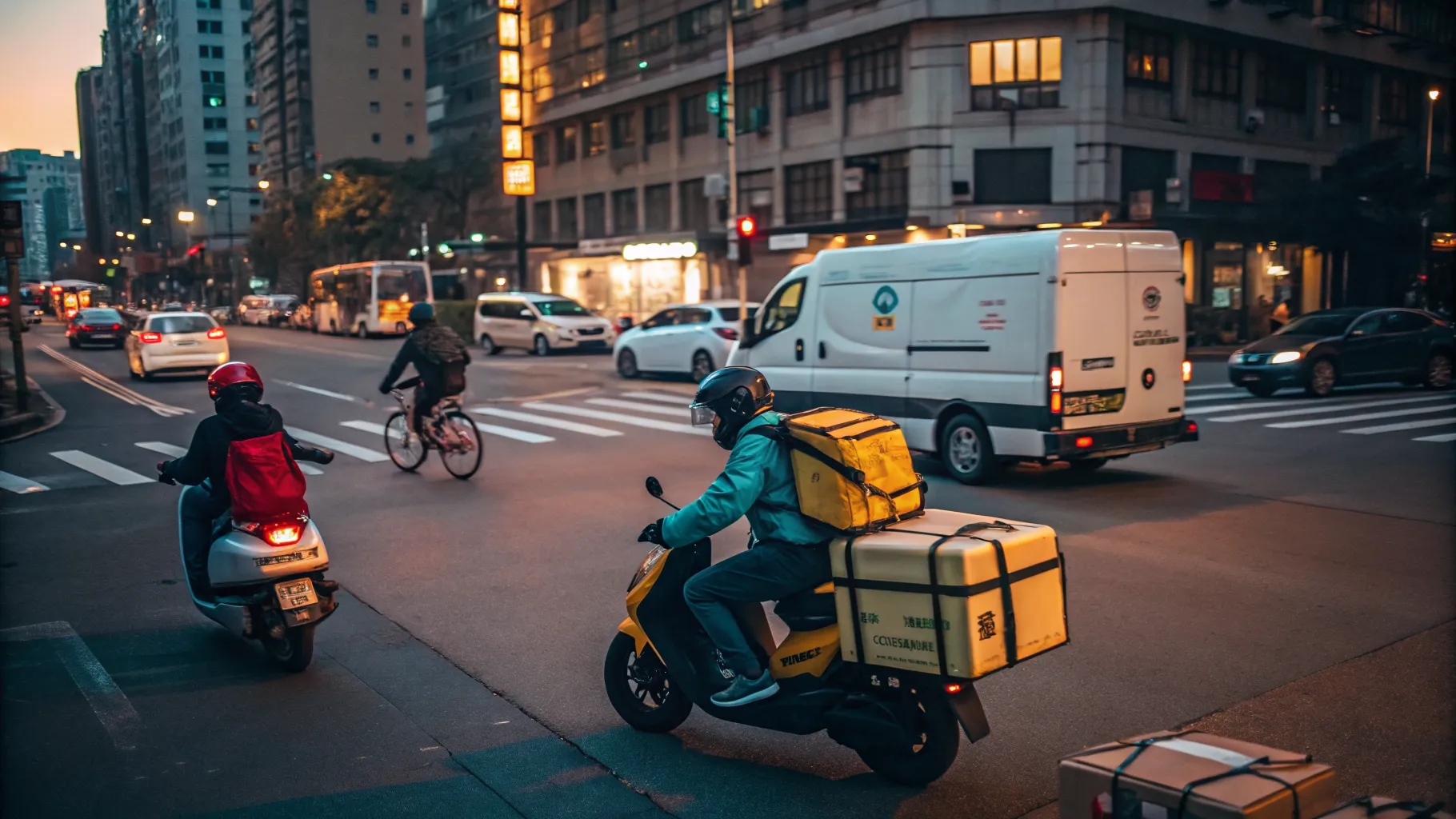 <strong>東京の配達ドライバーの仕事</strong>に従事し、荷物を運ぶ男性。