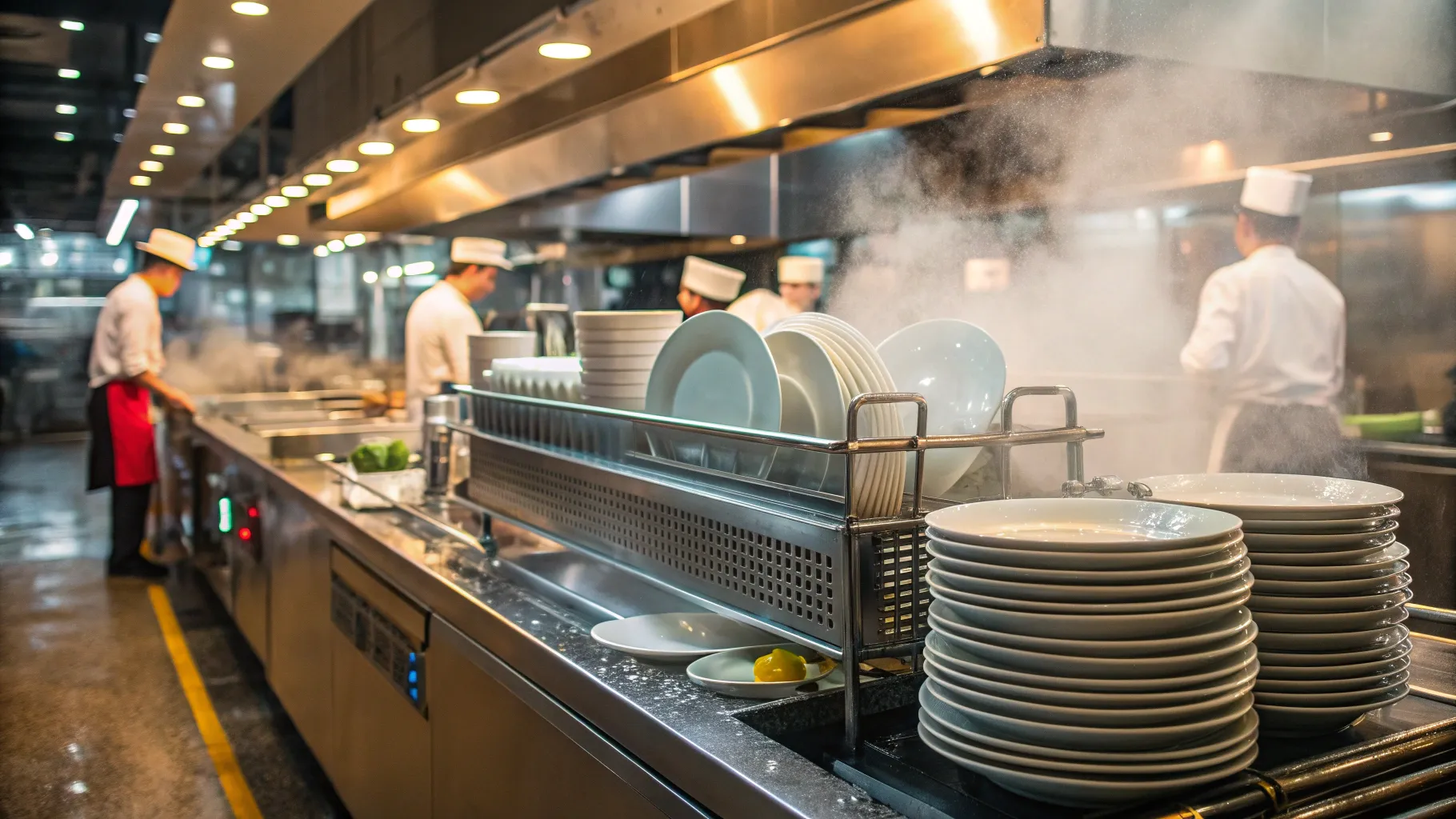 食器洗いの仕事 in a vibrant kitchen, featuring sparkling dishes and a busy atmosphere.