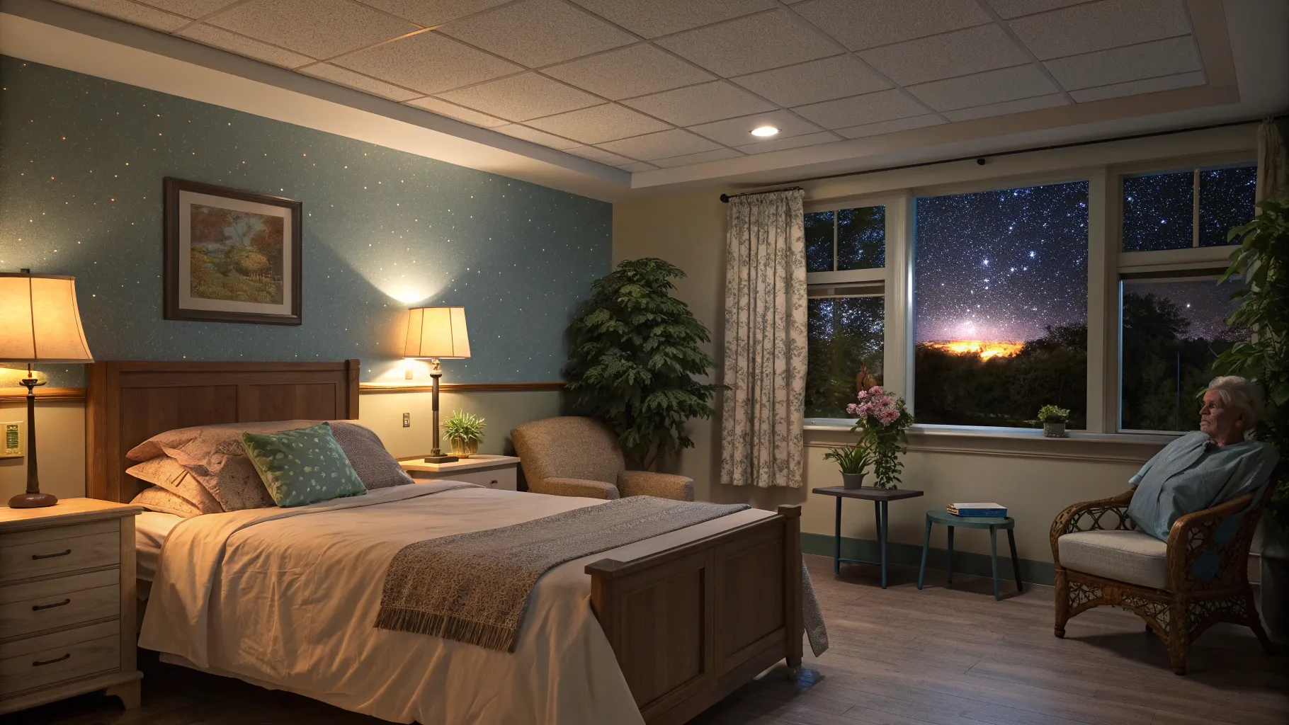 高齢者向け夜勤監視スタッフの仕事 surrounding a cozy, safe night environment.