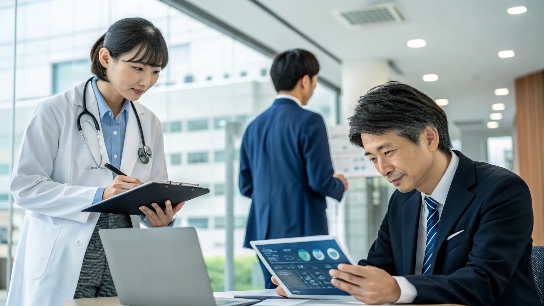 日本で最も高収入な仕事トップ5: Diverse professionals in a modern office setting.