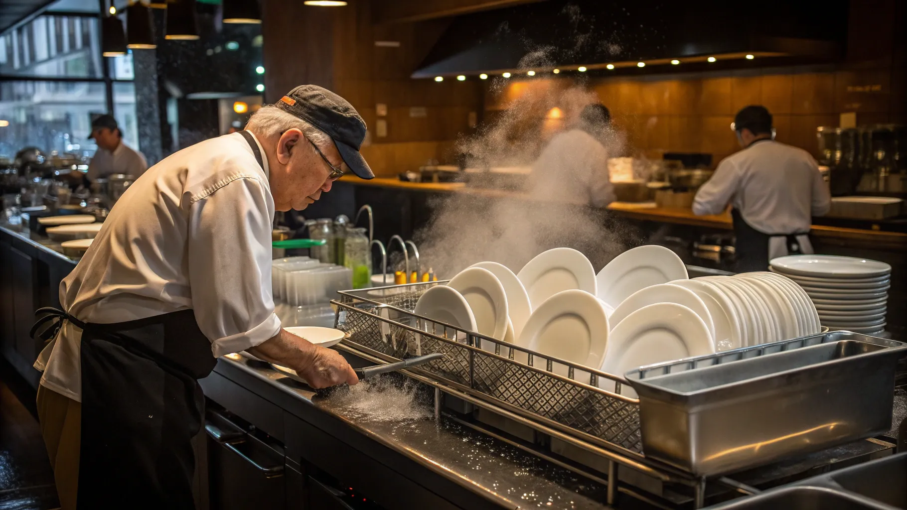Dishwashing Jobs for Seniors involve busy kitchens and teamwork, showcasing active engagement.