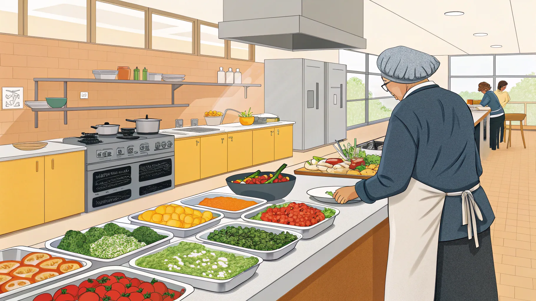 高齢者向けのキッチンスタッフの仕事, a welcoming kitchen bustling with food preparation.