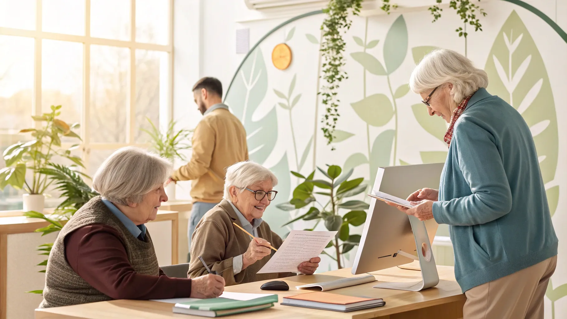 高齢者向けのパートタイムの仕事 environment showcasing seniors engaged in work activities.
