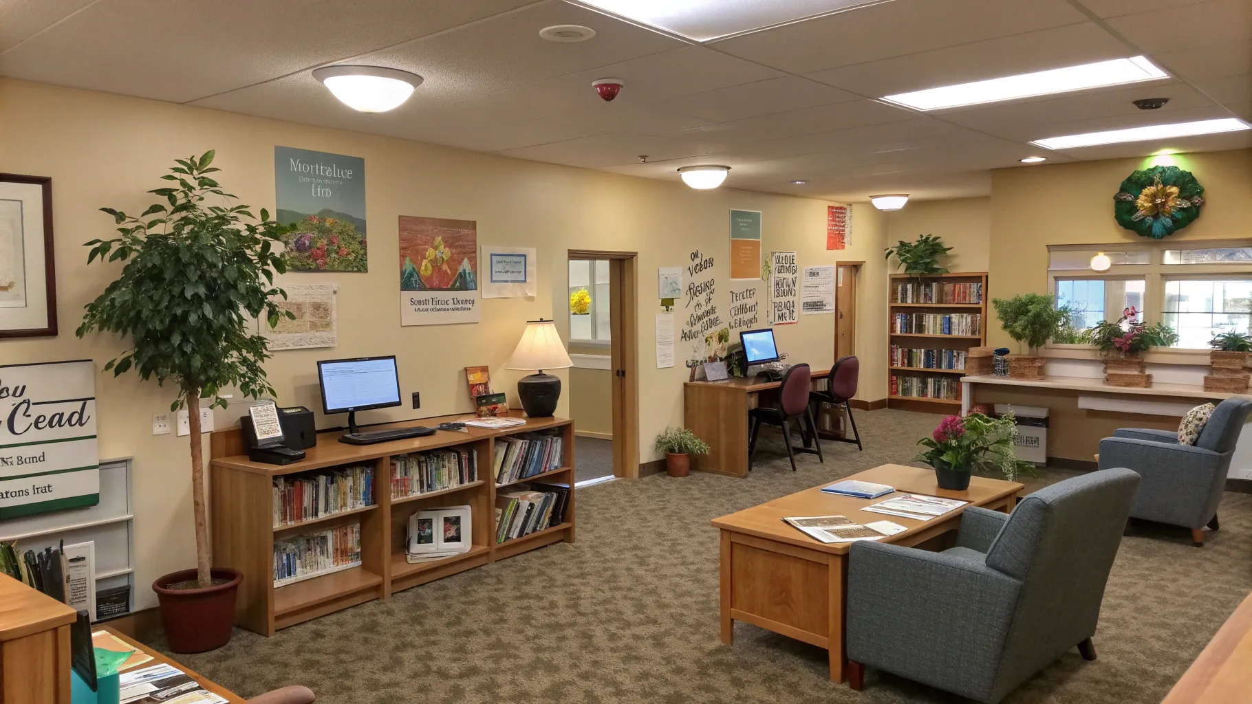 高齢者向けのフルタイムの仕事: A welcoming office space for seniors with cozy design.
