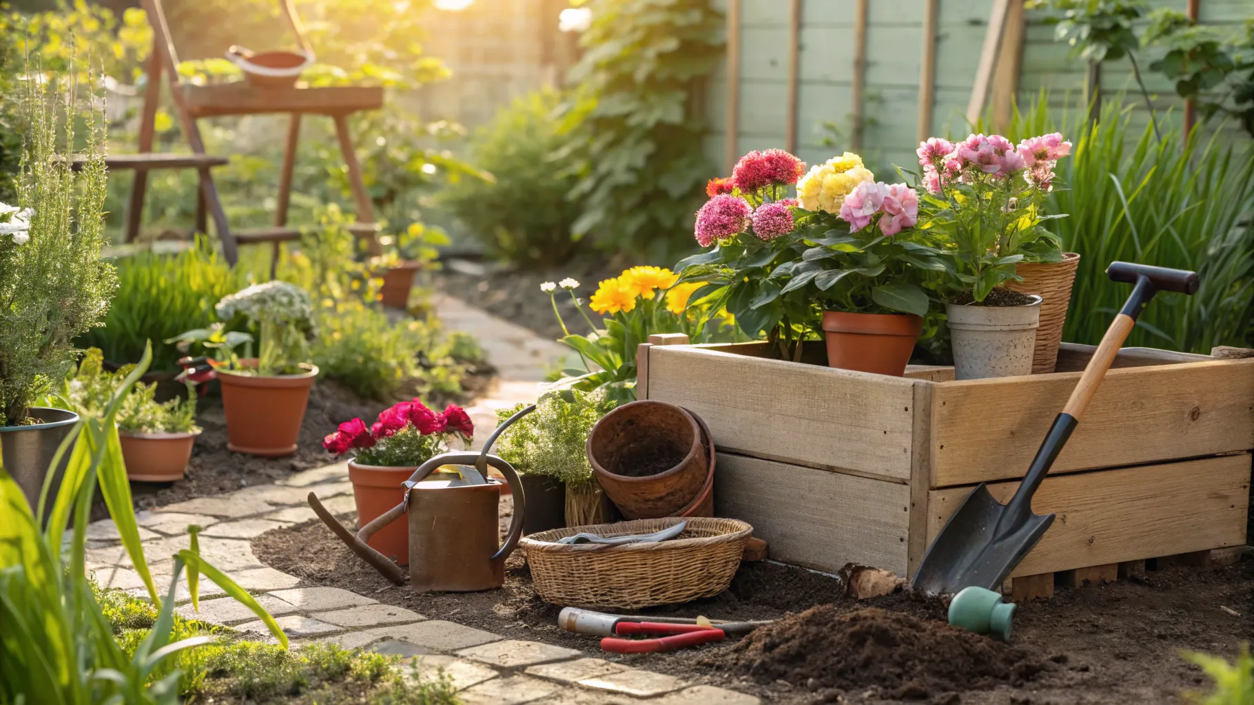 Gardening Jobs for Seniors: A colorful garden scene with diverse plants and gardening tools.