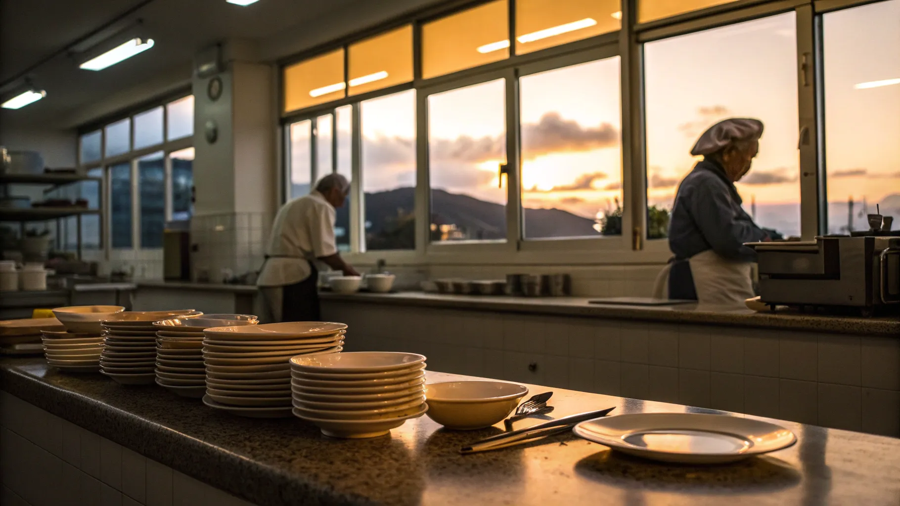 高齢者向けの夕方の皿洗いの仕事, illustrating a warm and inviting kitchen environment.