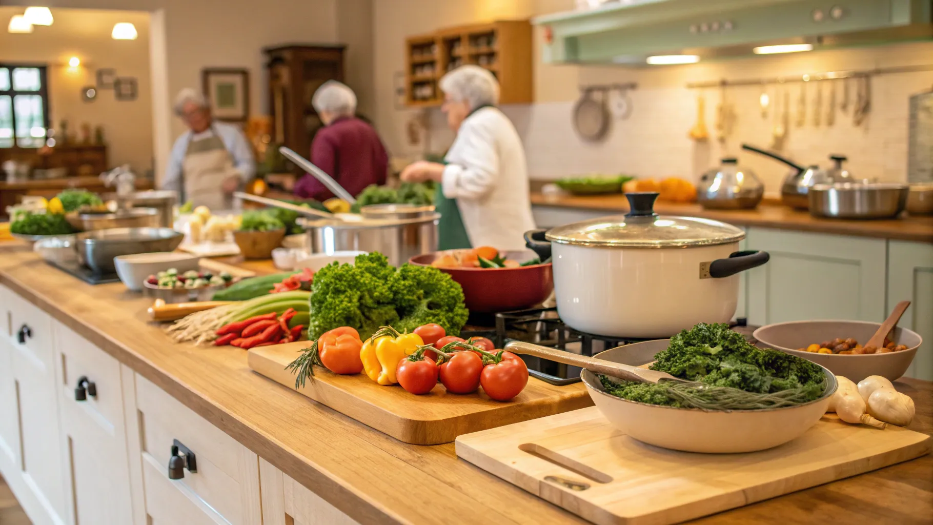 高齢者向けの料理の仕事 includes a colorful kitchen setup for cooking classes.