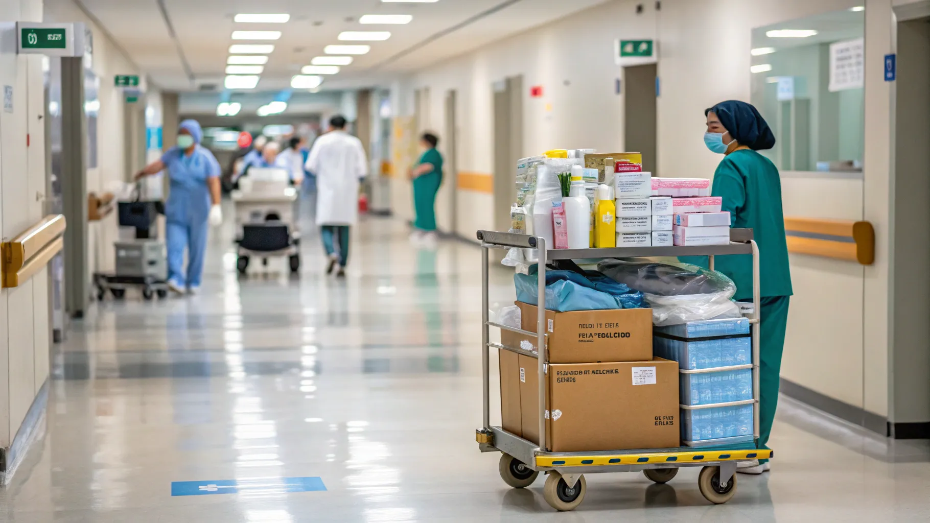 病院でのシニア向け荷物配達の仕事, delivery cart in a hospital corridor, supplies for elderly.