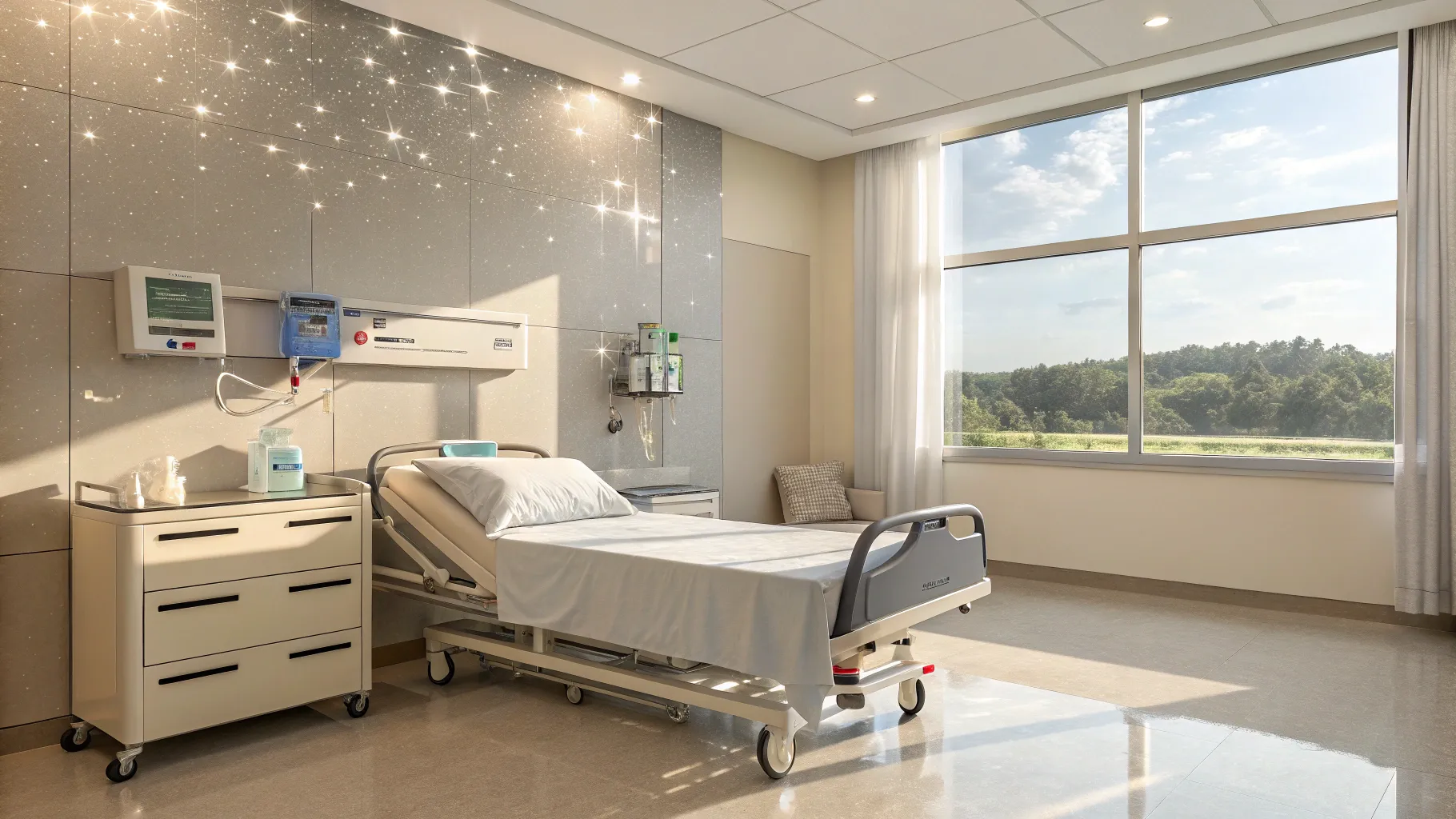 病院でのシニア向け清掃の仕事 A pristine hospital room designed for elderly patients.