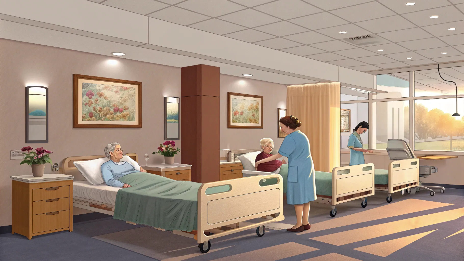 高齢者向けの病院職: A calming hospital scene emphasizing elderly care with cozy details.