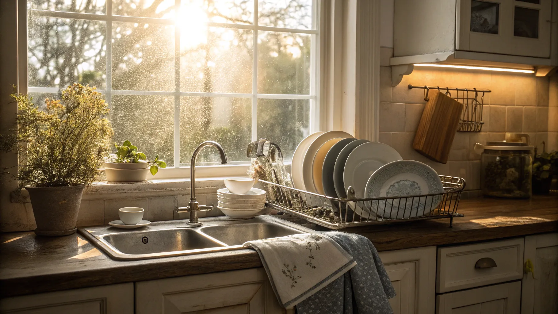 高齢者向けの週末食器洗いの仕事  - A cozy kitchen with clean dishes and natural light.