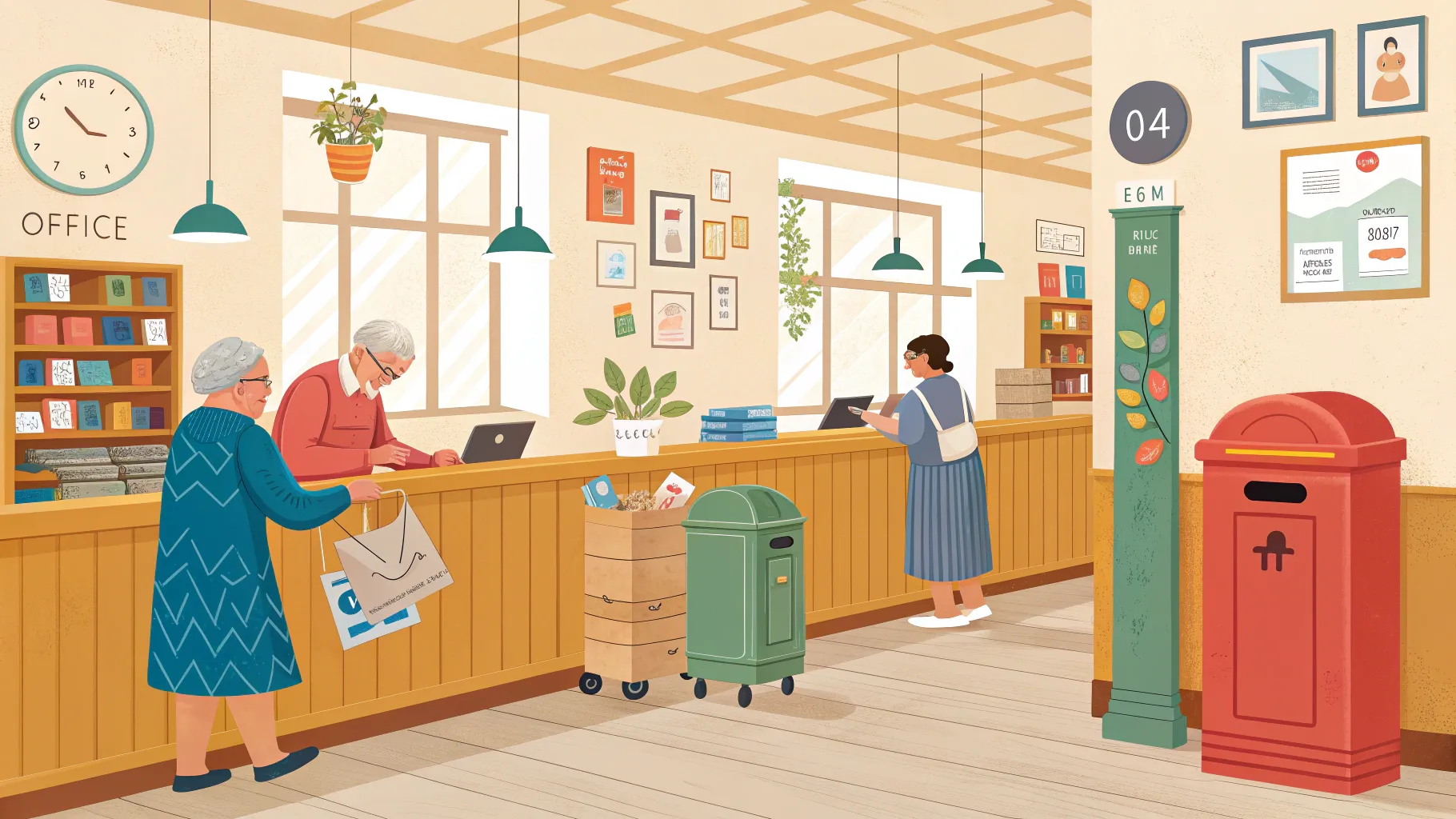 Post Office Assistant Jobs for Seniors: seniors assisting customers in a vibrant post office.