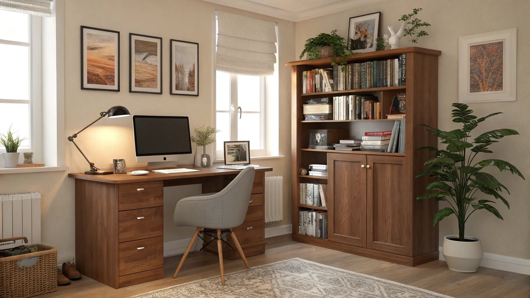 2025年の高収入の仕事: Senior-friendly workspace with a computer and bookshelves.