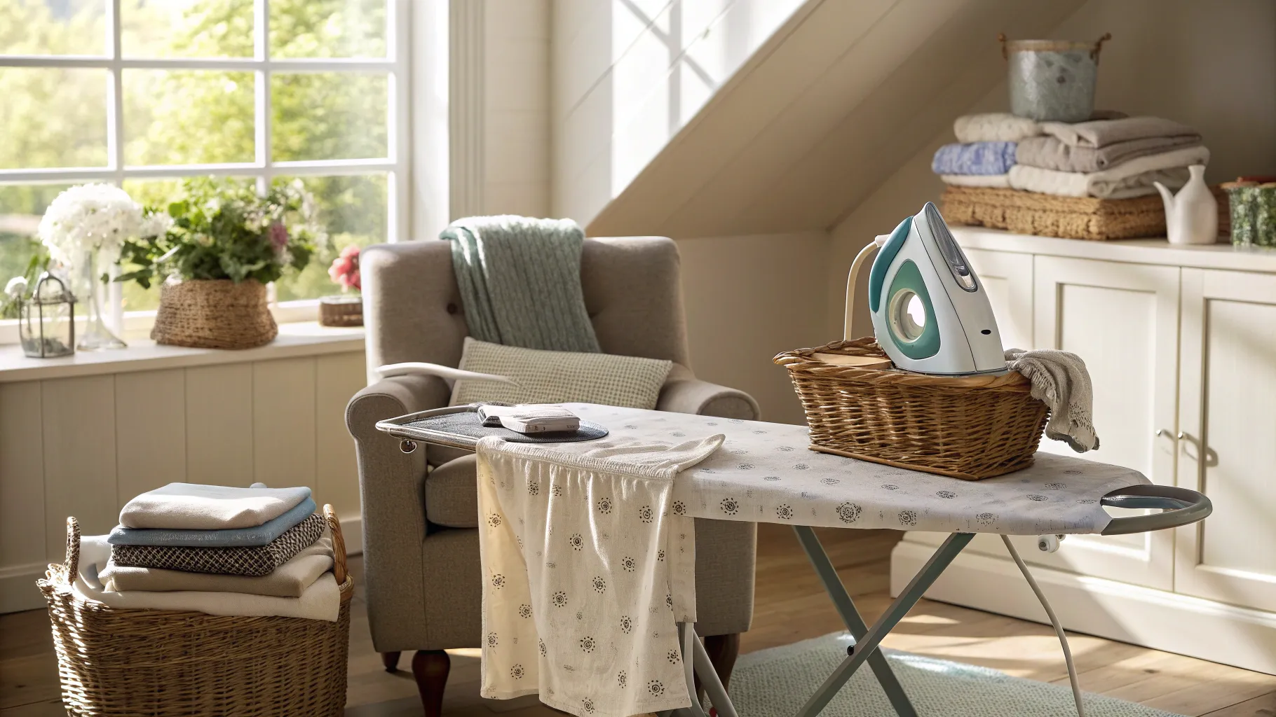 Ironing Jobs for Seniors: A cozy home ironing station with light and well-pressed clothes.