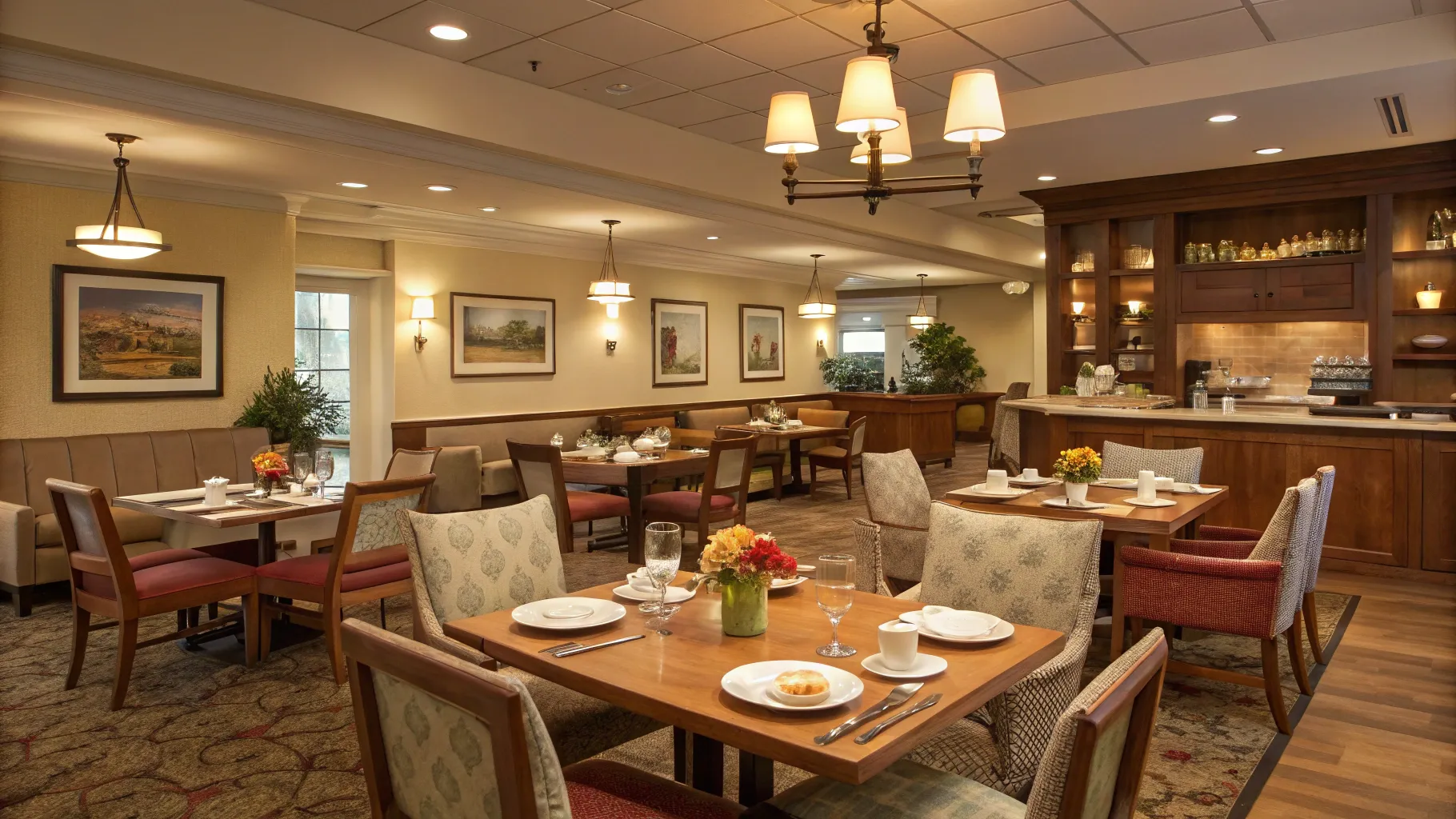 高齢者向けレストランのウェイターの仕事, a cozy dining area designed for seniors.