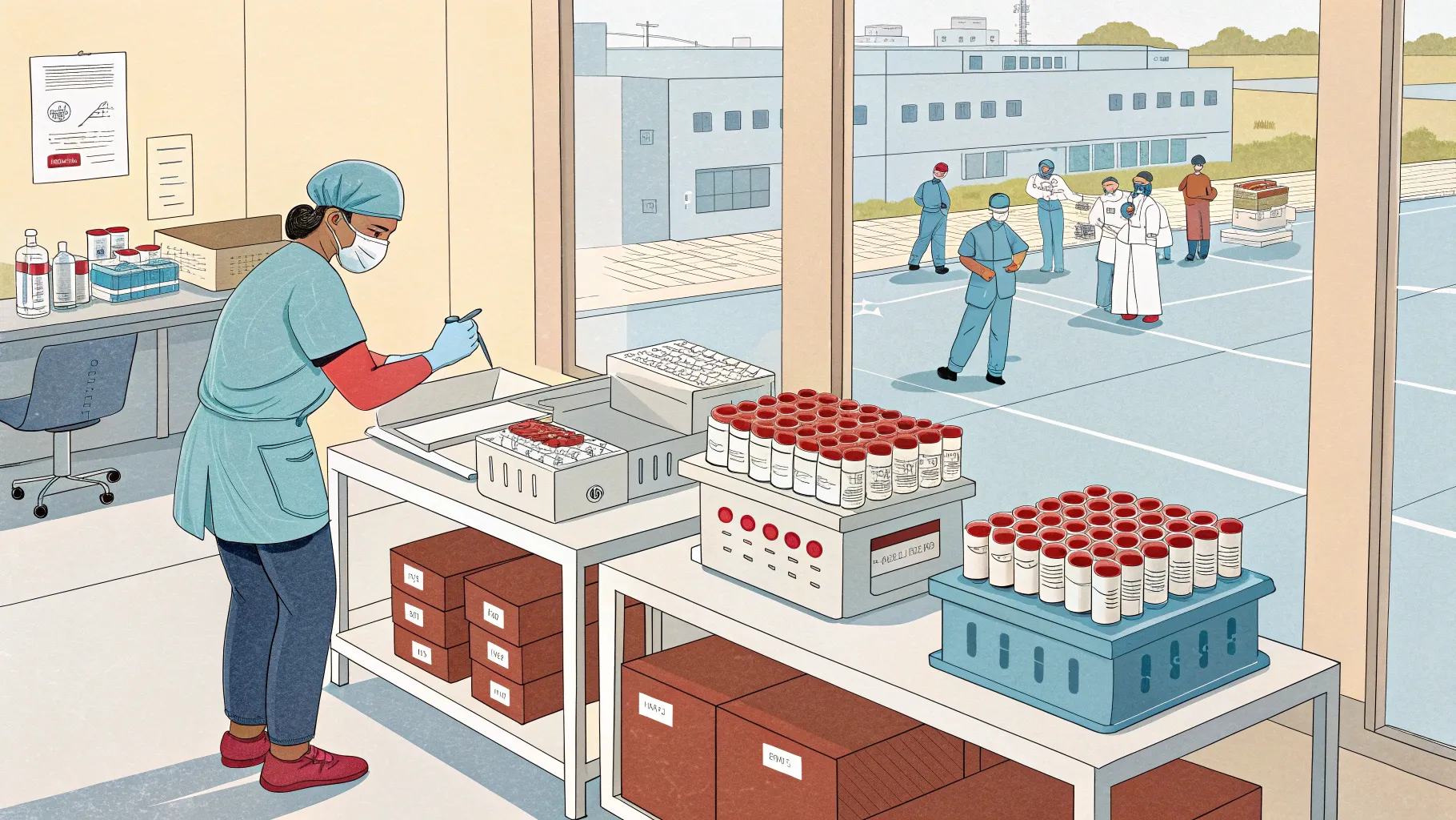 高齢者向け病院検体配送スタッフ職 - A dynamic hospital lab scene with organized specimens.