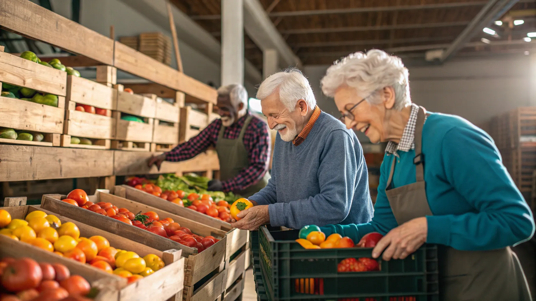 Produce Sorter Jobs for Seniors showcasing seniors engaging in vibrant produce sorting.