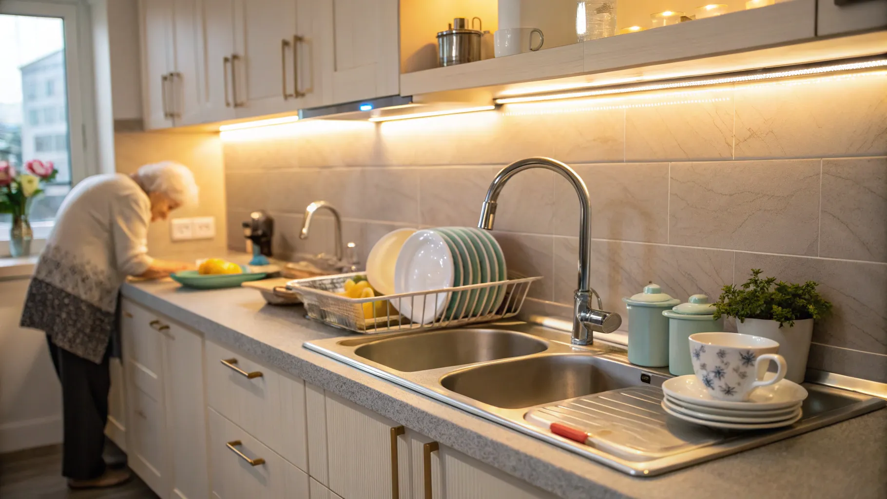 高齢者向け食器洗いの仕事 in a warm, inviting kitchen setting with clean dishes.