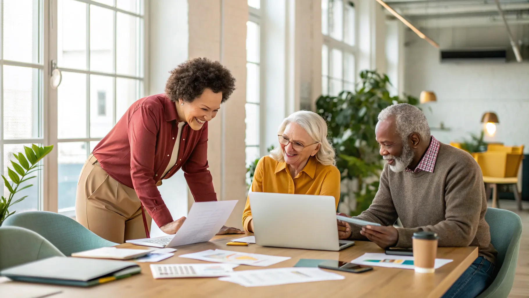 50세 이상 시니어 인턴십: Seniors collaborating in a vibrant office setting.