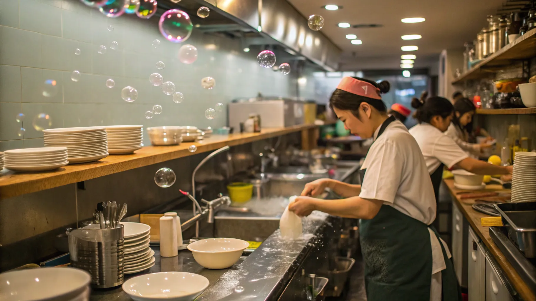주말 시니어 설거지 직업, diverse hands washing dishes in a bustling restaurant kitchen.