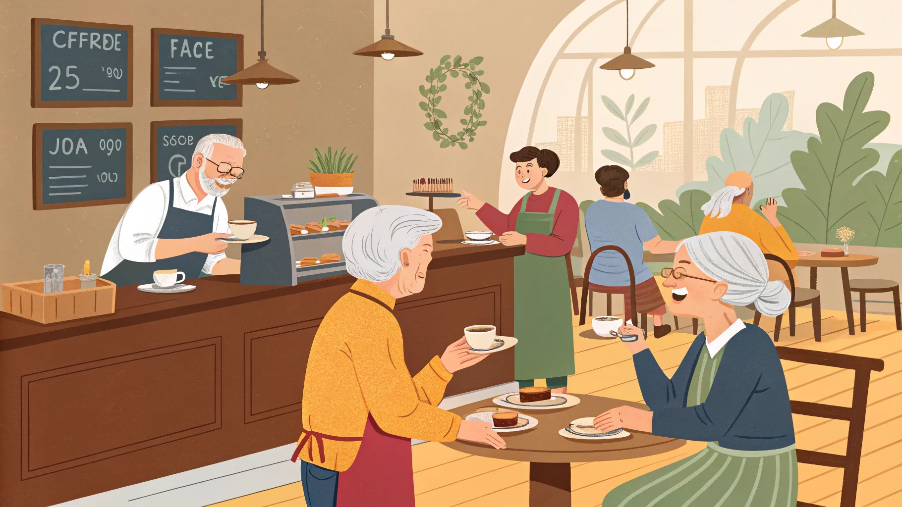 시니어를 위한 파트타임 일자리 in a lively coffee shop with seniors working.