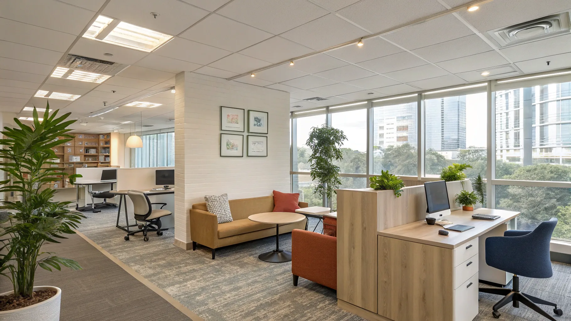 시니어를 위한 풀타임 일자리 with comfortable office space and vibrant decor.