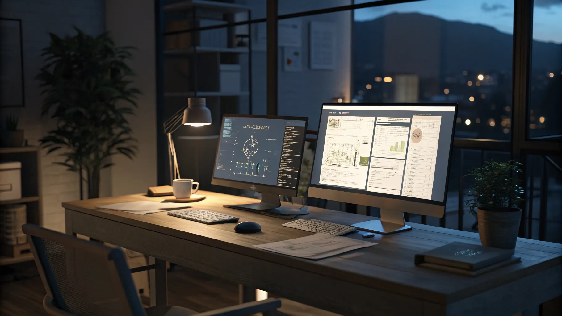 야간 근무 모니터링 직원 - 시니어를 위한 일자리 Calm nighttime office with monitoring screens.