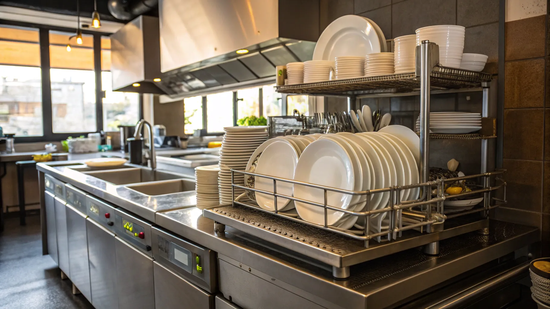 시니어를 위한 레스토랑 식기 세척 일자리 in a clean, organized restaurant kitchen.