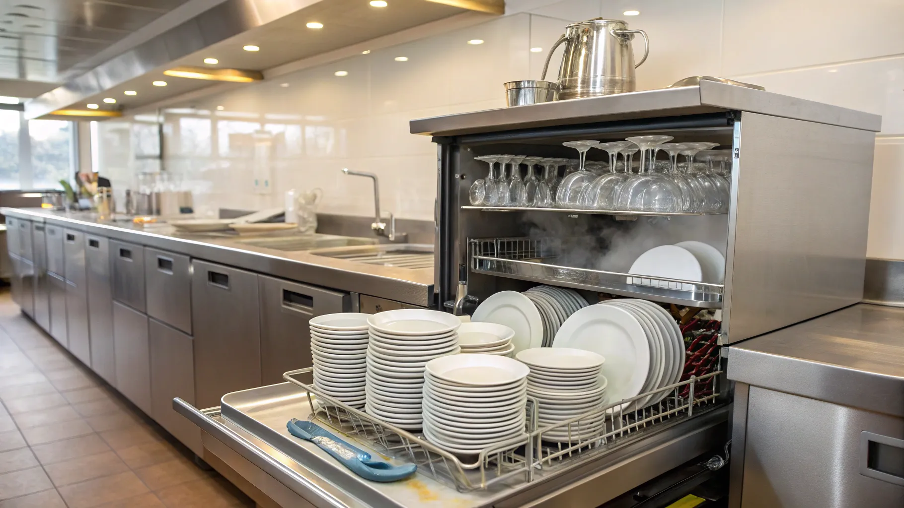 시니어 대상 레스토랑 설거지 직원 직업 in a clean kitchen with dishwashing equipment.